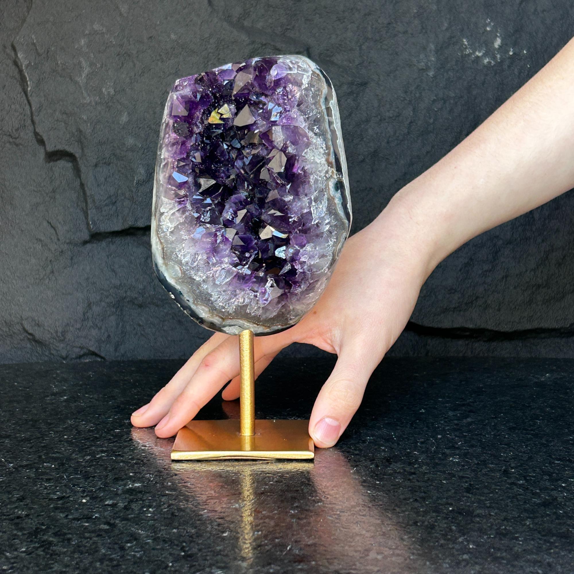 Large Amethyst Geode Crystal, Deep Purple Amethyst on modern gold stand