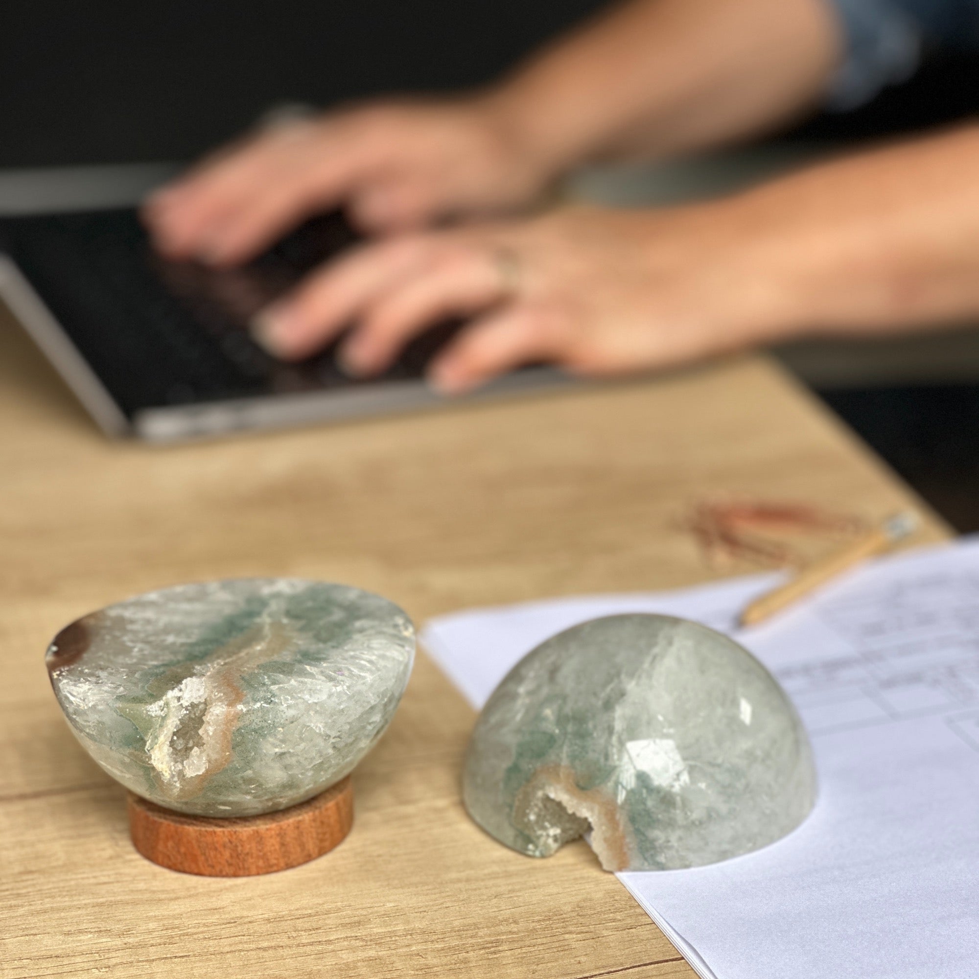 Quartz Paperweight with Carob Wood Base, Half Sphere Desk Ornament, Elegant Graduation Gift