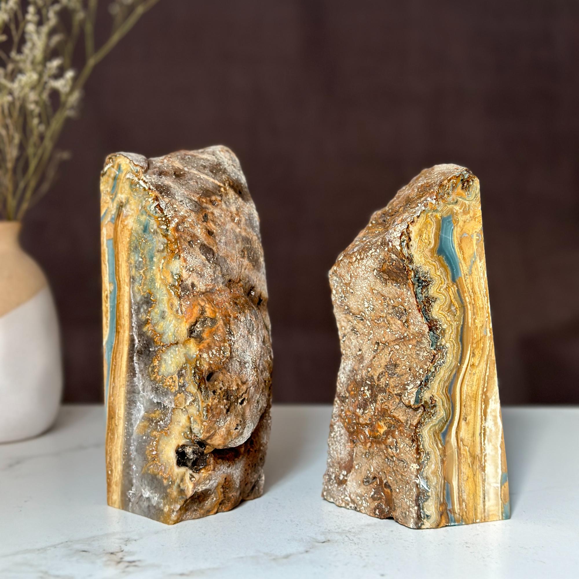 Natural Jasper and Agate Crystal Bookends, Incredible XXL Polished Stones, Premium quality crystals, extra large geode bookends for decor