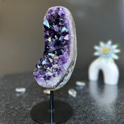 Amethyst Slice on Stand with agate edges, Rare Unique Agate Crystal on Metal Stand