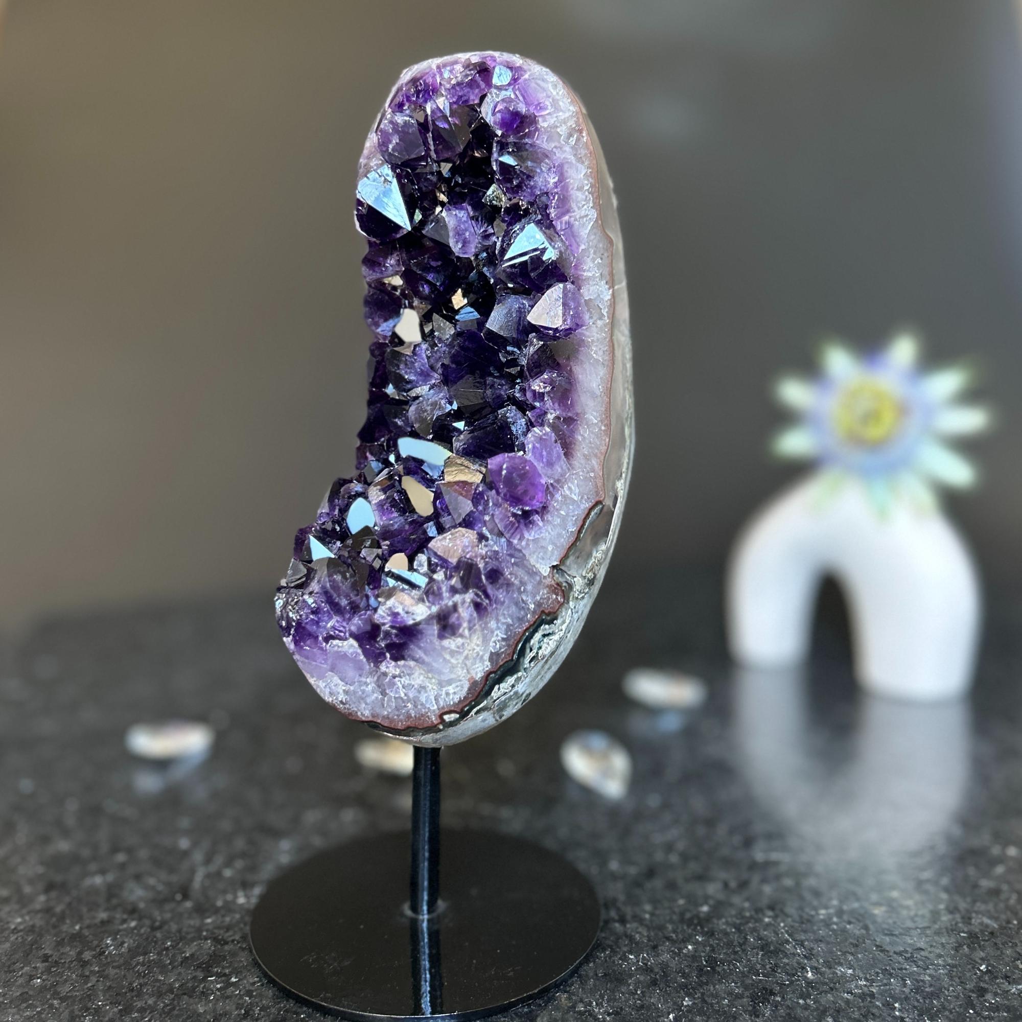 Amethyst Slice on Stand with agate edges, Rare Unique Agate Crystal on Metal Stand