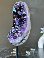 Amethyst Slice on Stand with agate edges, Rare Unique Agate Crystal on Metal Stand