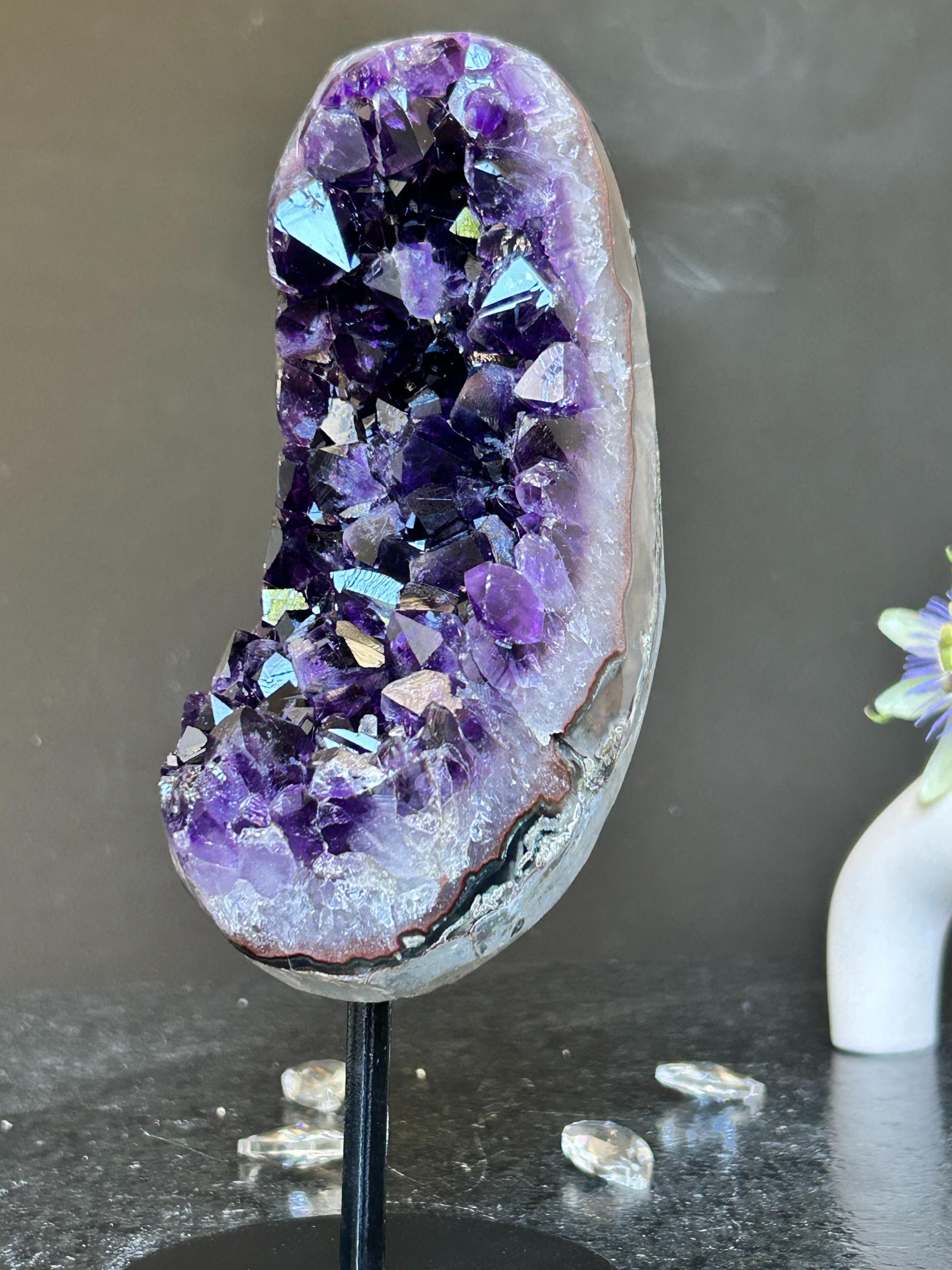 Amethyst Slice on Stand with agate edges, Rare Unique Agate Crystal on Metal Stand