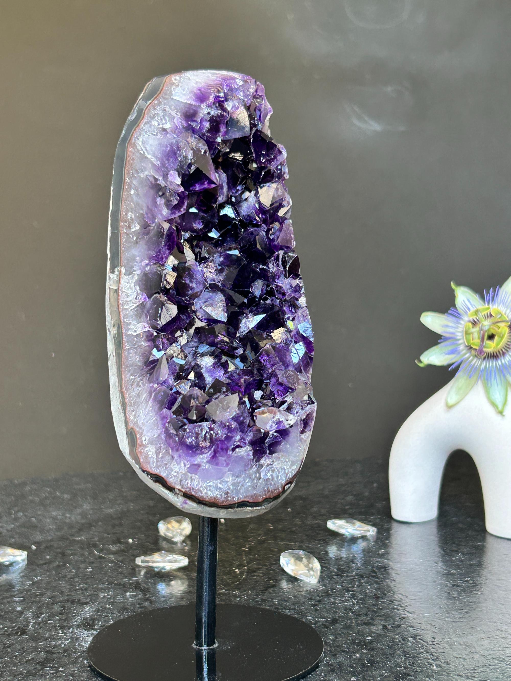 Amethyst Slice on Stand with agate edges, Rare Unique Agate Crystal on Metal Stand