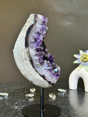 Amethyst Slice on Stand with agate edges, Rare Unique Agate Crystal on Metal Stand
