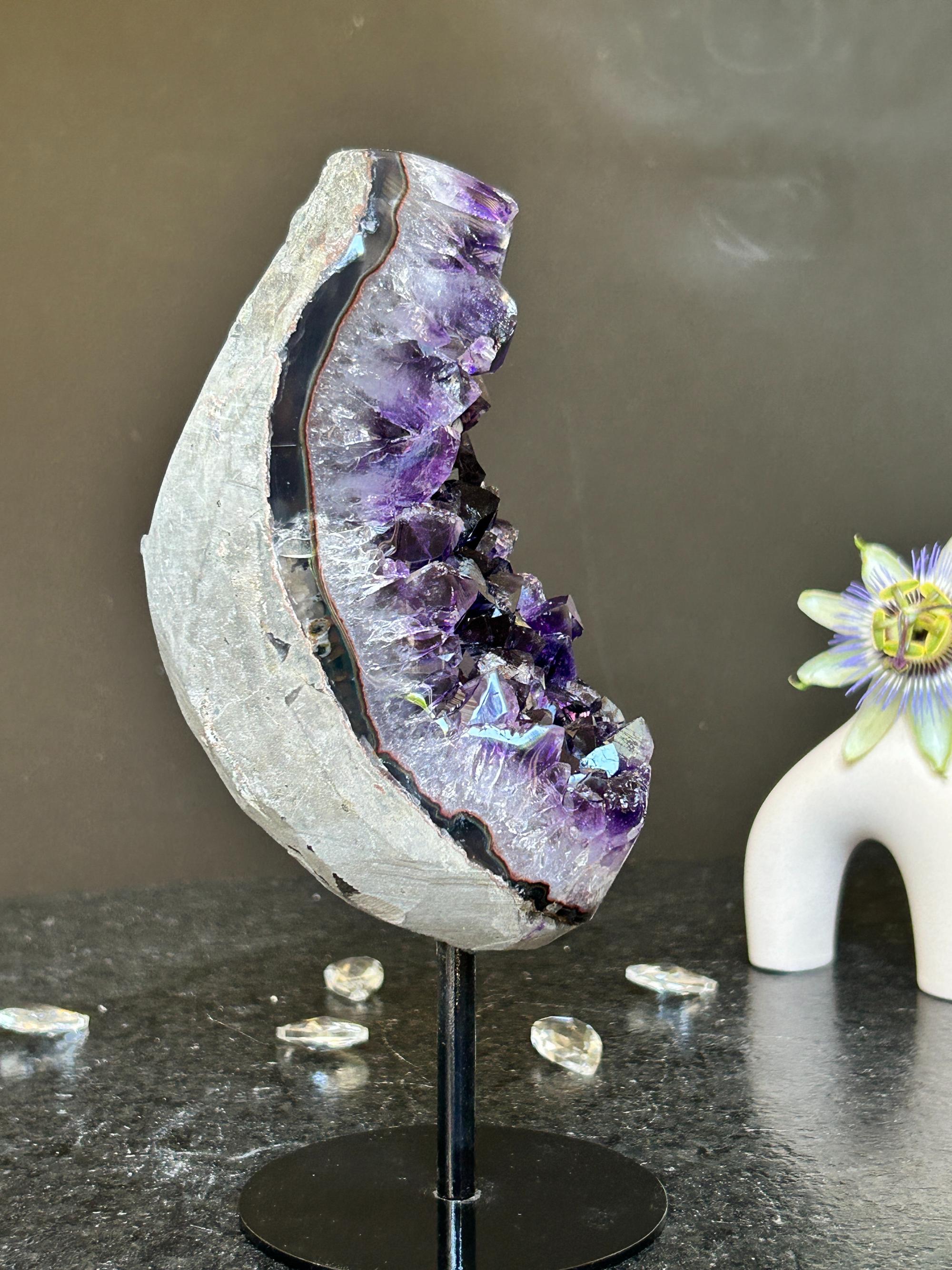 Amethyst Slice on Stand with agate edges, Rare Unique Agate Crystal on Metal Stand