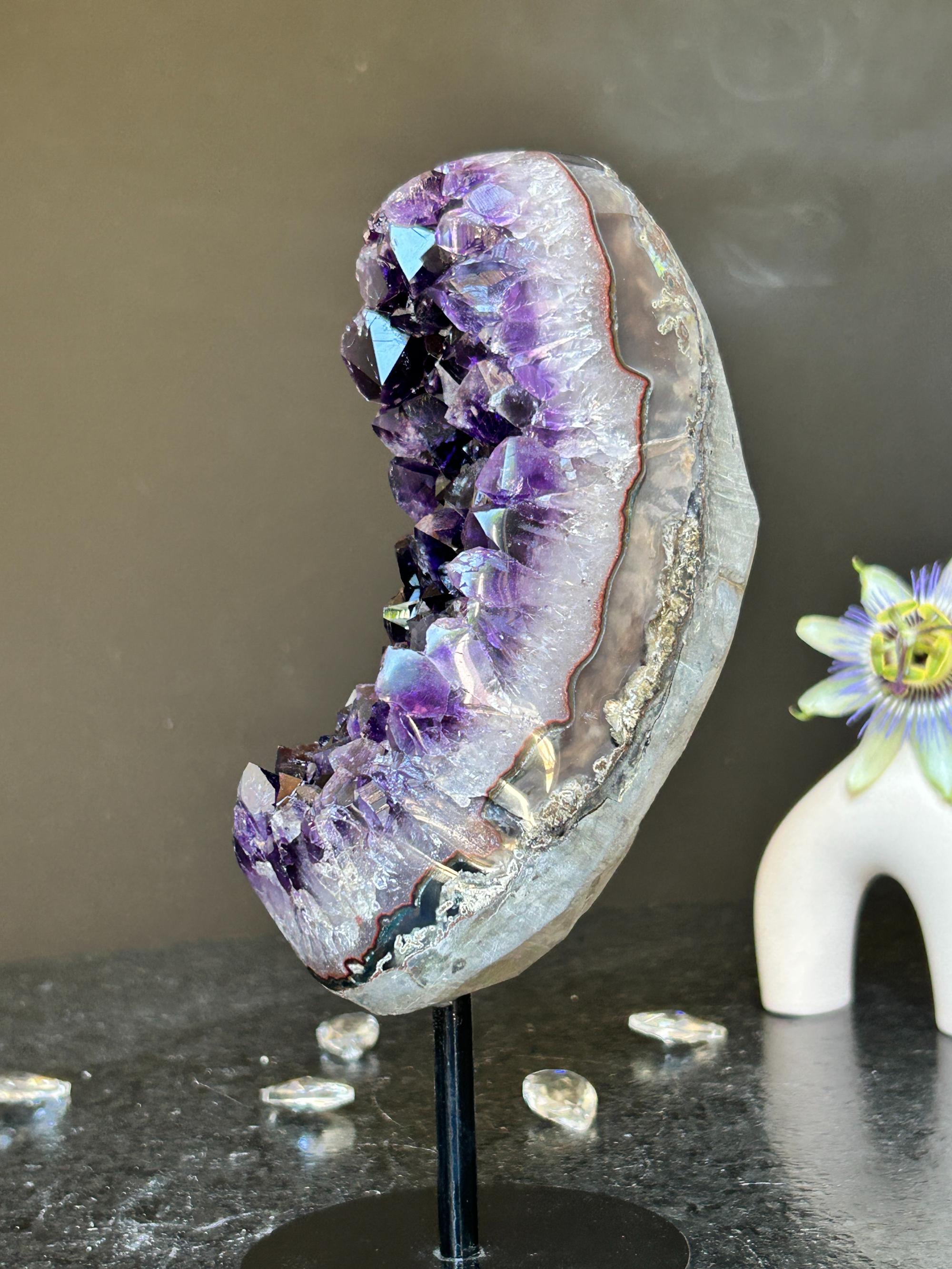 Amethyst Slice on Stand with agate edges, Rare Unique Agate Crystal on Metal Stand