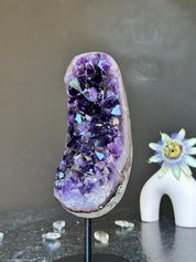 Amethyst Slice on Stand with agate edges, Rare Unique Agate Crystal on Metal Stand