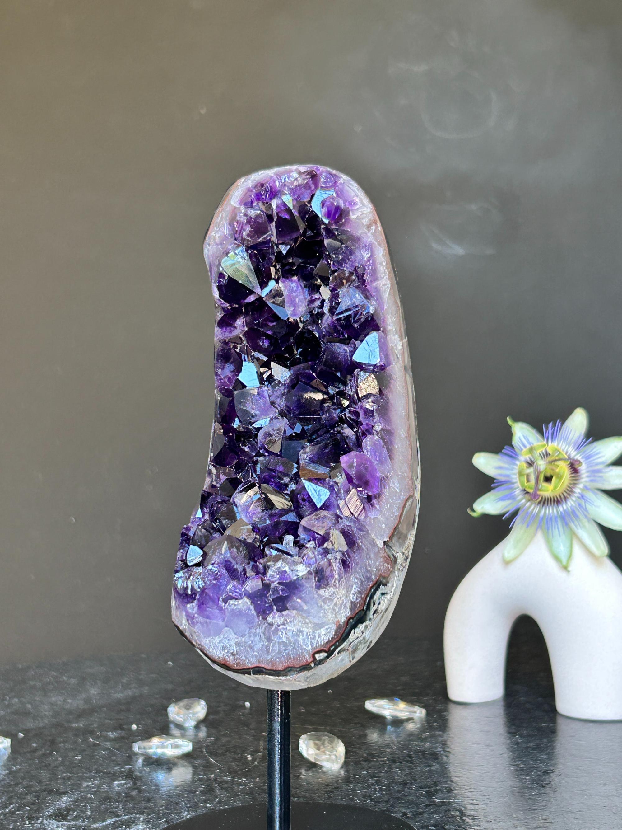 Amethyst Slice on Stand with agate edges, Rare Unique Agate Crystal on Metal Stand