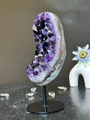 Amethyst Slice on Stand with agate edges, Rare Unique Agate Crystal on Metal Stand