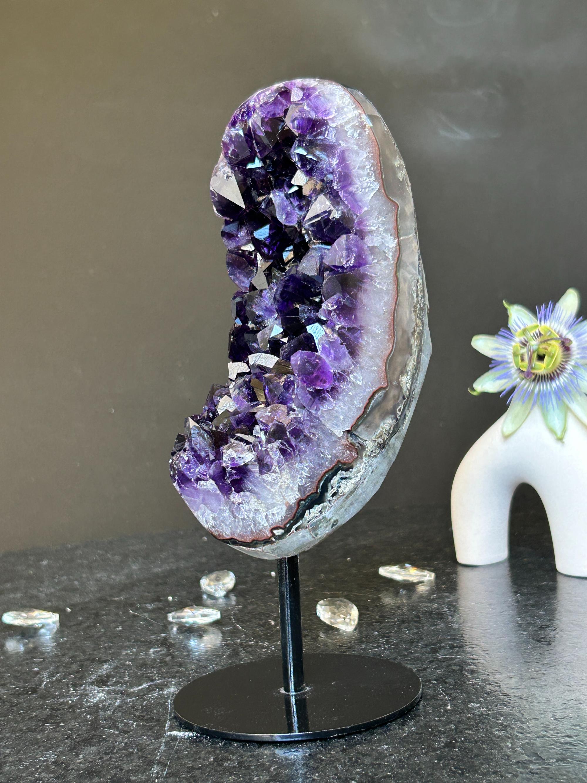 Amethyst Slice on Stand with agate edges, Rare Unique Agate Crystal on Metal Stand