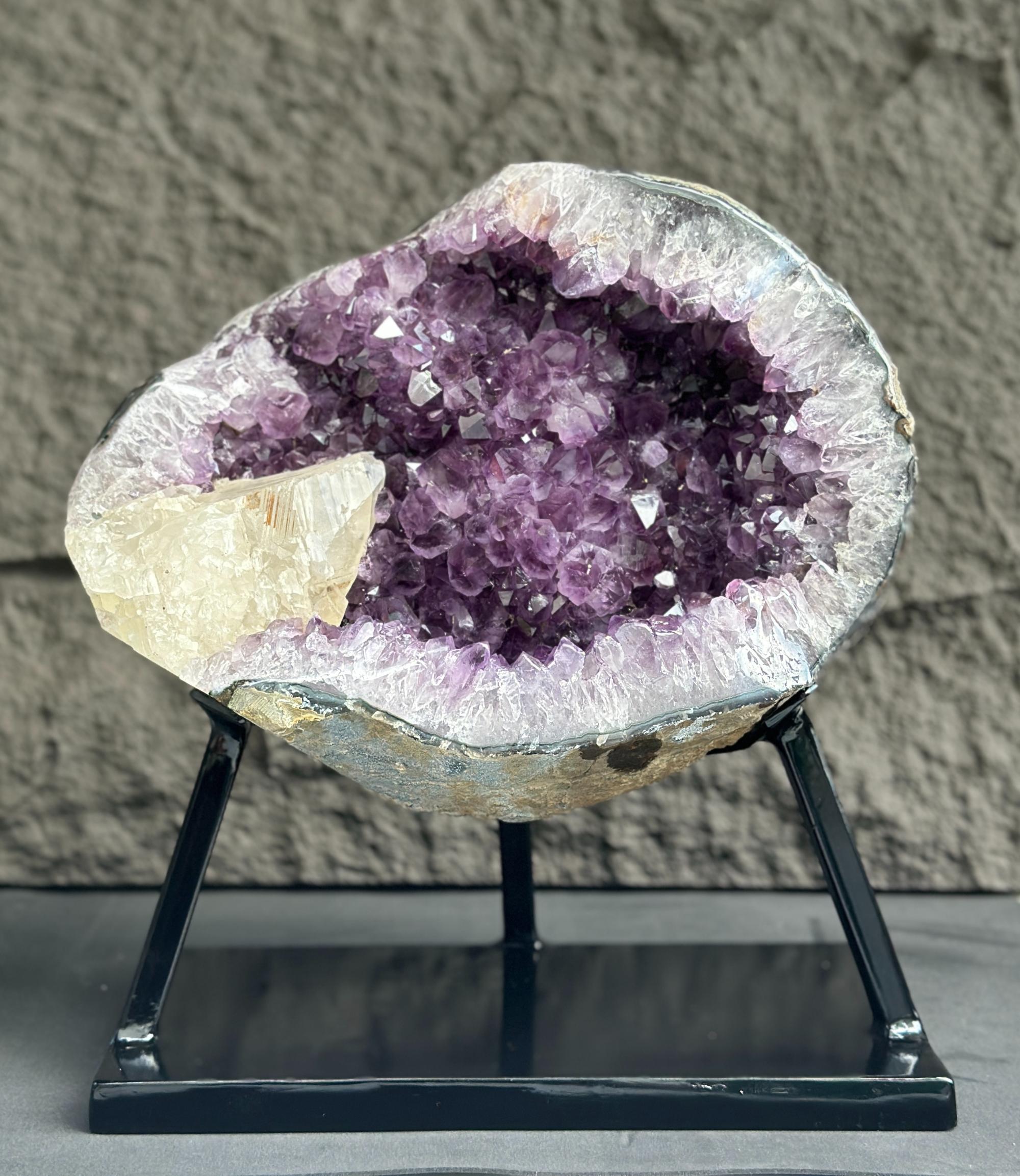 Amethyst Formation for Collectors, Rare Crystal Geode with Calcite, Outstanding Quality Amethyst