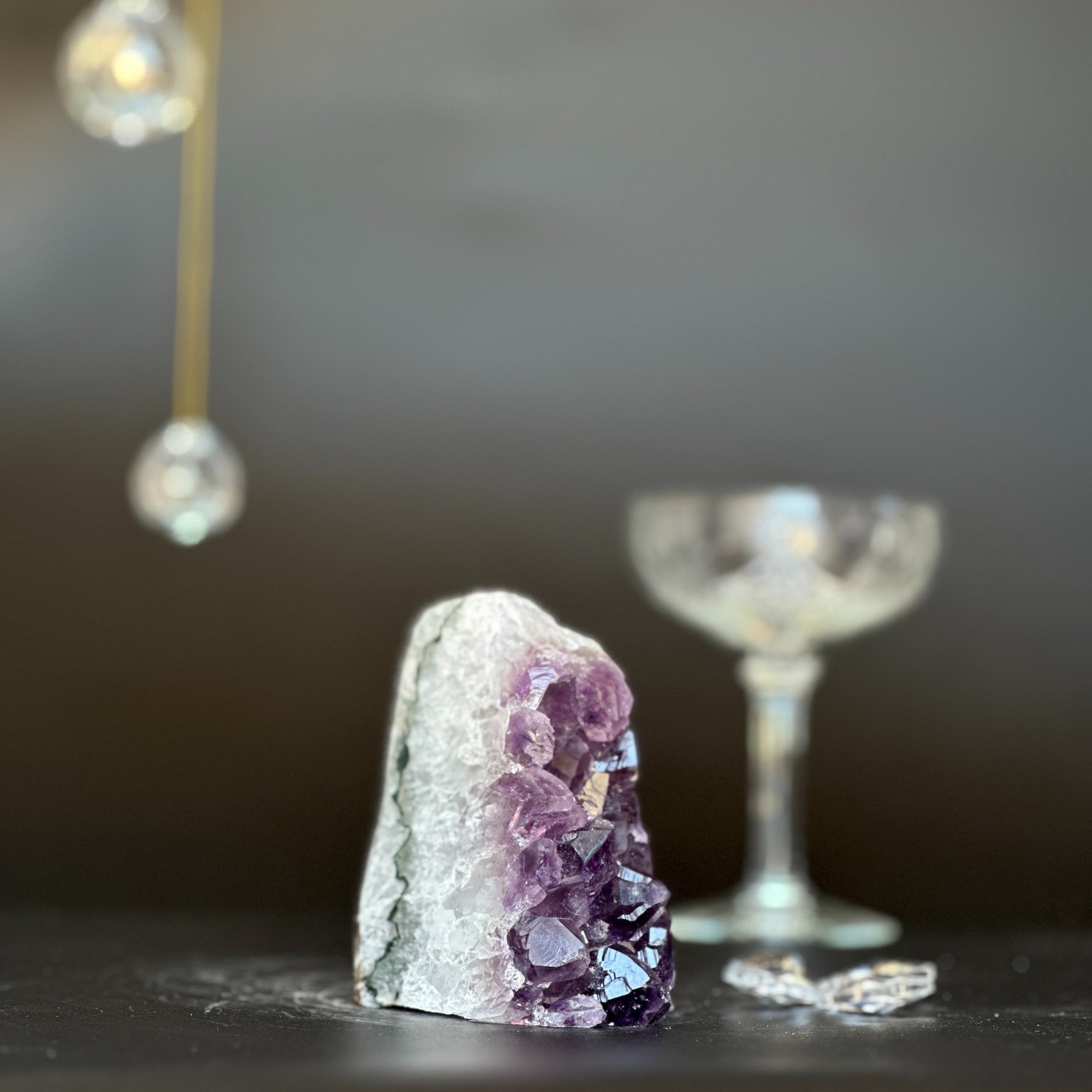 Purple Uruguayan Galaxy Amethyst geode, 3.5 inches tall, with sparkling crystals and a white outer layer.