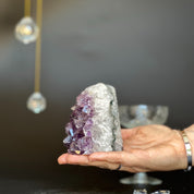 Hand holding a 3.5-inch tall Galaxy Amethyst geode with deep purple crystals and a white outer layer.