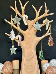 Christmas Ornaments for the Tree, SET 4 units Handmade Agate and Jasper Stars Pine Stocking and Candy Shape