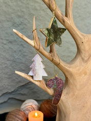 Christmas Ornaments for the Tree, SET 4 units Handmade Agate and Jasper Stars Pine Stocking and Candy Shape