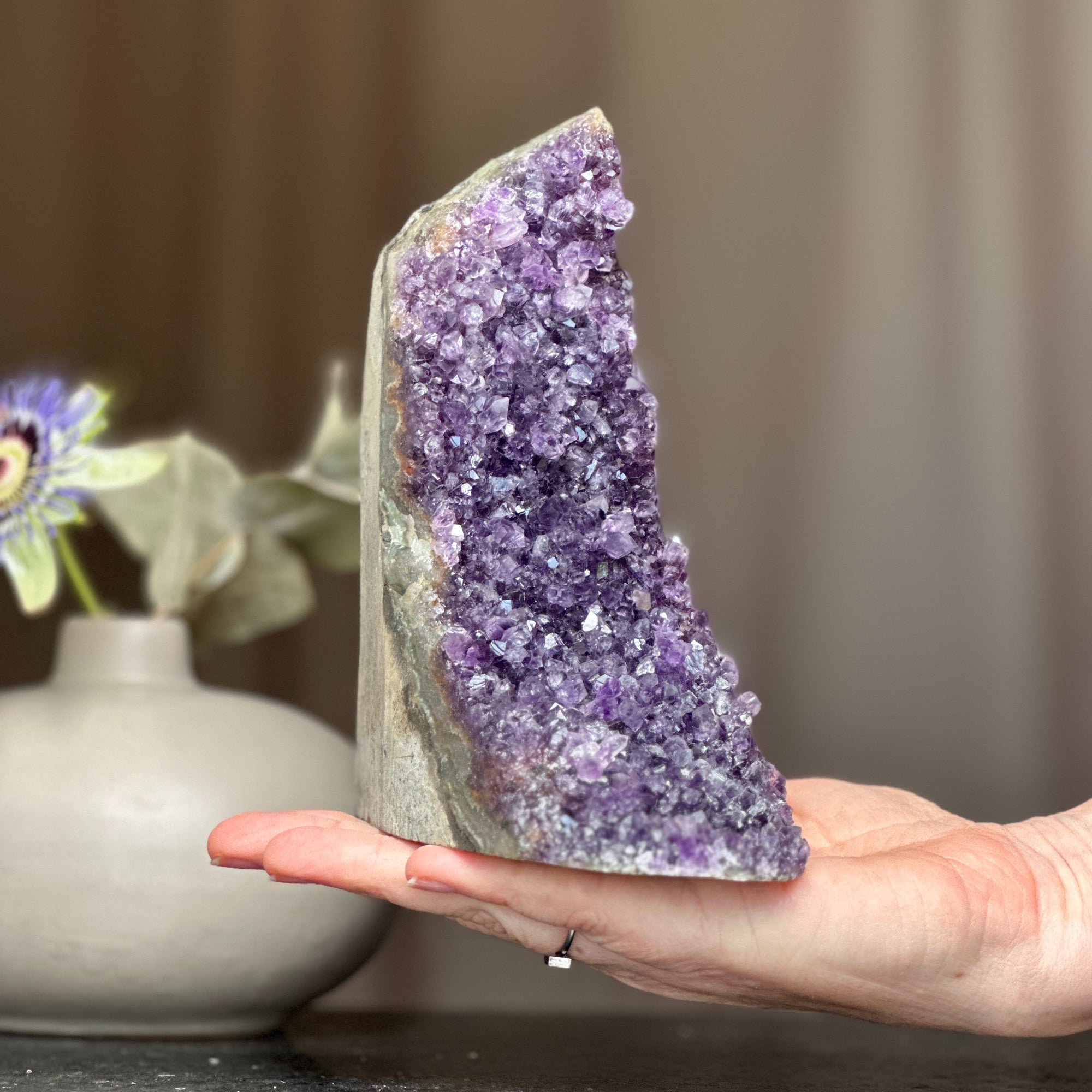 Huge deep purple amethyst crystal geode with a cut base, held in a hand.