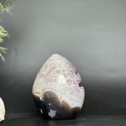 Polished deep purple amethyst egg crystal, 5.5-inch tall, with brown agate formations and crystal points.