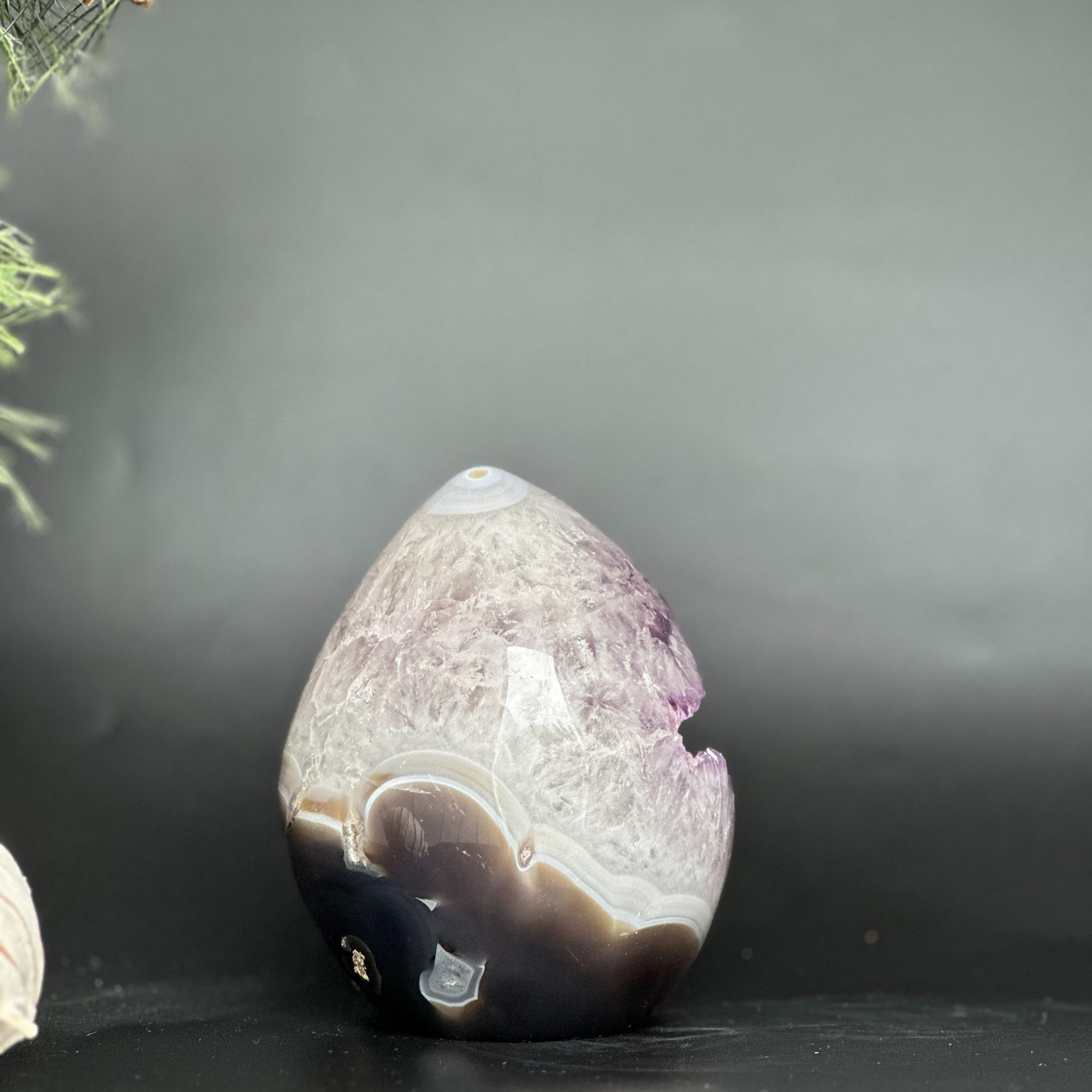 Polished deep purple amethyst egg crystal, 5.5-inch tall, with brown agate formations and crystal points.