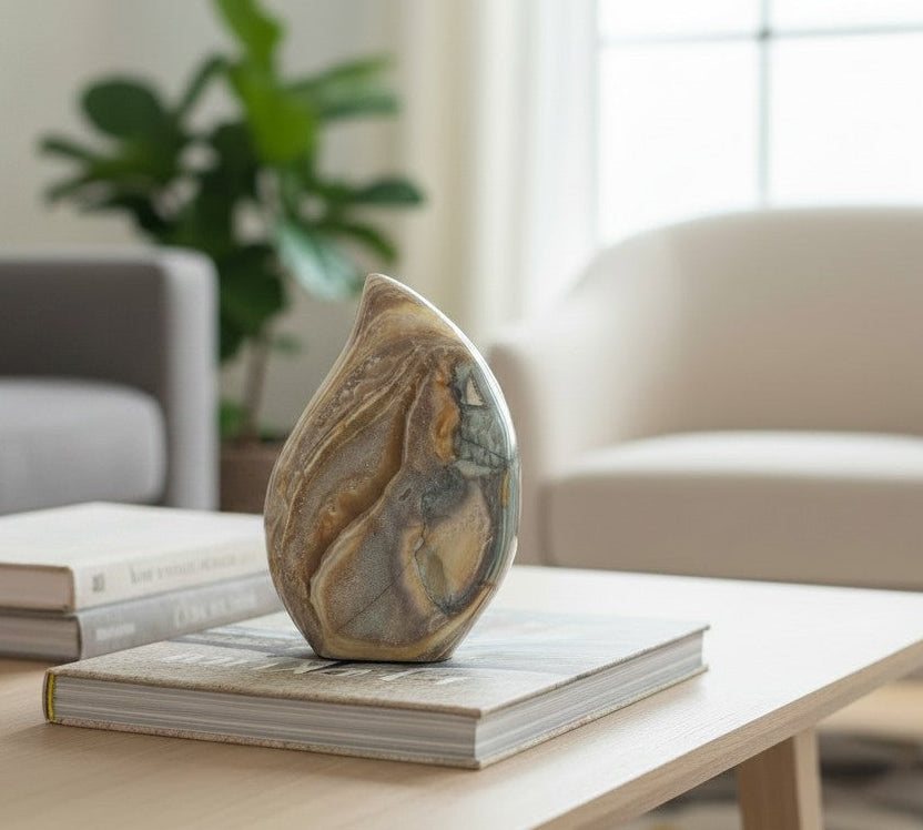 A decorative teardrop-shaped jasper stone sculpture with natural marbled patterns in beige, brown, and gray, displayed on a stack of books on a light wood coffee table in a modern living room setting.