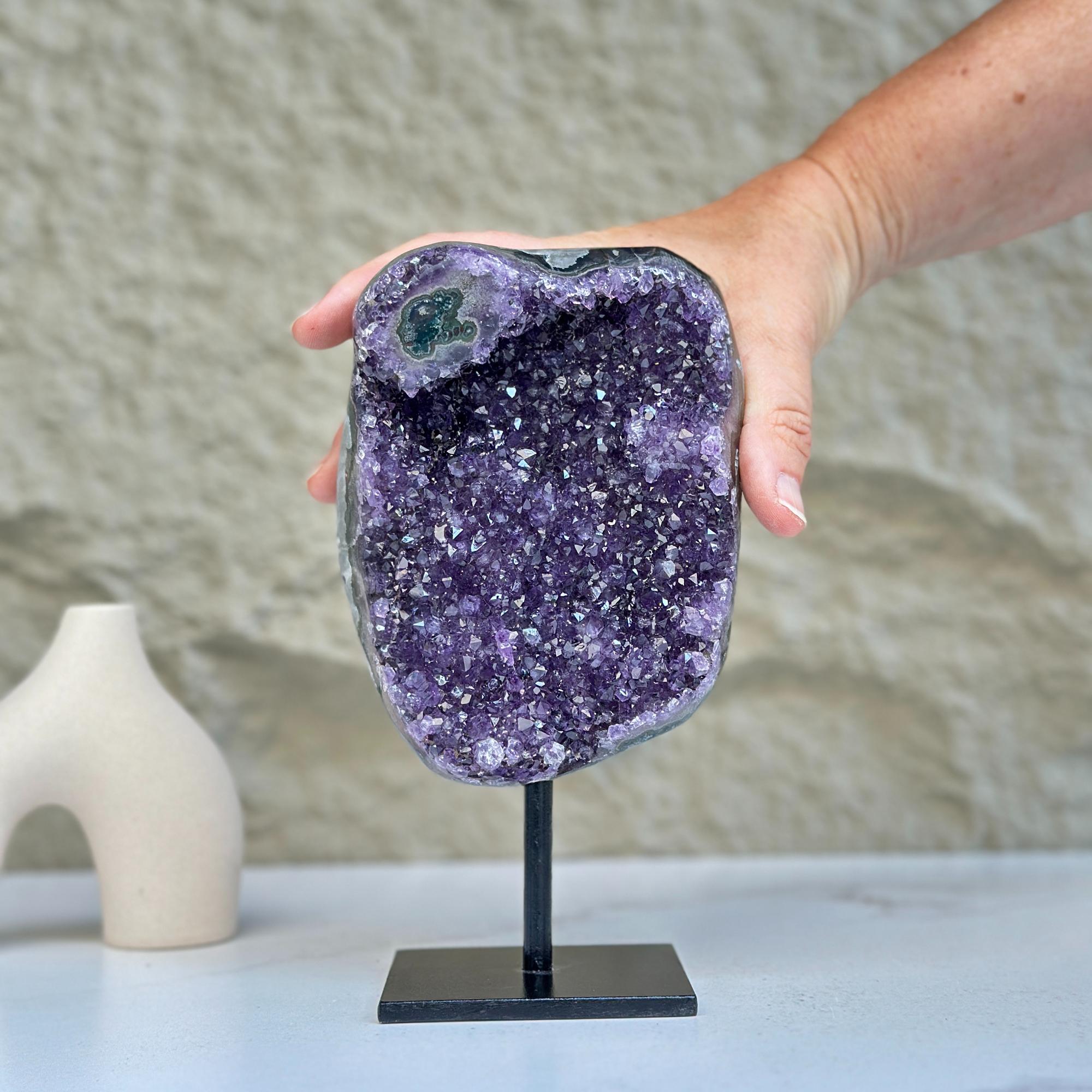 Large Deep Purple Amethyst Geode Crystal on Modern Stand