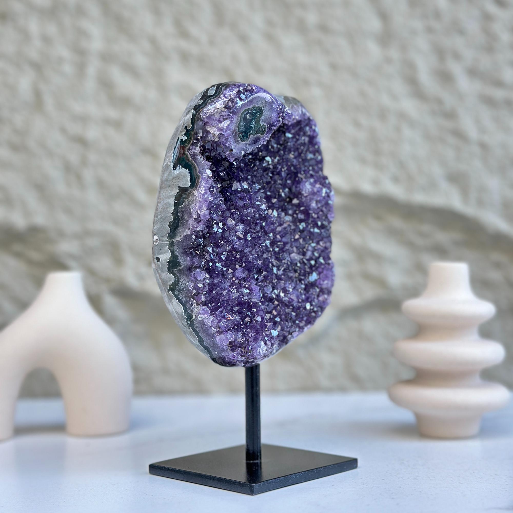 Large Deep Purple Amethyst Geode Crystal on Modern Stand