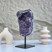 Large Deep Purple Amethyst Geode Crystal on Modern Stand