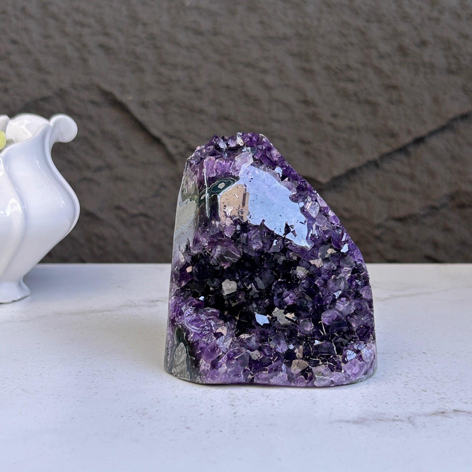 Large, vibrant deep purple amethyst geode cluster, 4 inches tall, with sparkling crystals.