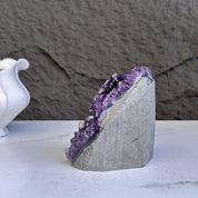Large deep purple amethyst geode cluster with natural grey rock, 4-inch tall crystal, mindfulness gift.