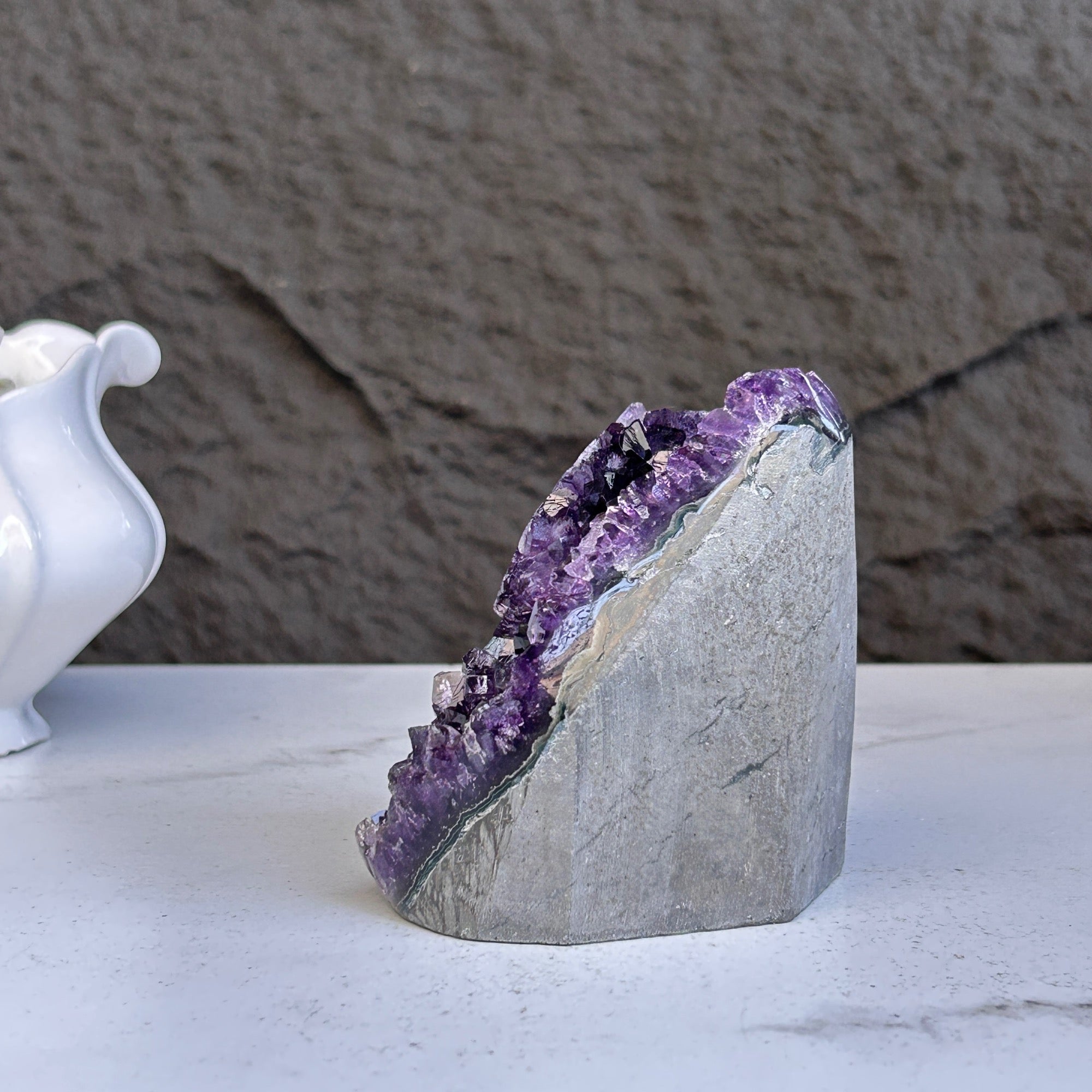 Large deep purple amethyst geode cluster with natural grey rock, 4-inch tall crystal, mindfulness gift.