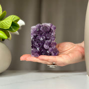 Hand holding a vibrant purple amethyst geode with large crystals, 3.5 inches tall.