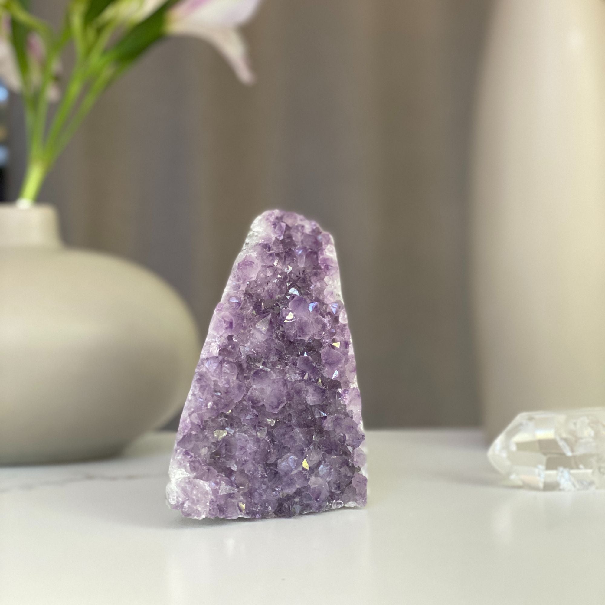 Lavender amethyst geode cluster, 5 inches tall, with sparkling purple crystals.