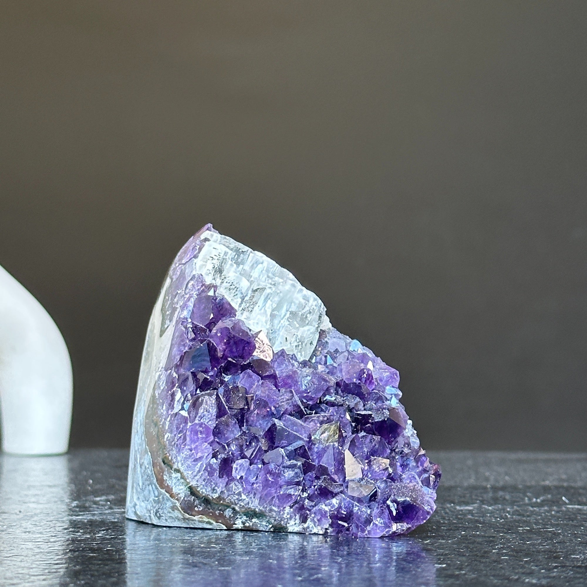 Natural deep purple Uruguay amethyst crystal geode, 3x3 inches, 1.2 lb, with sparkling crystals.