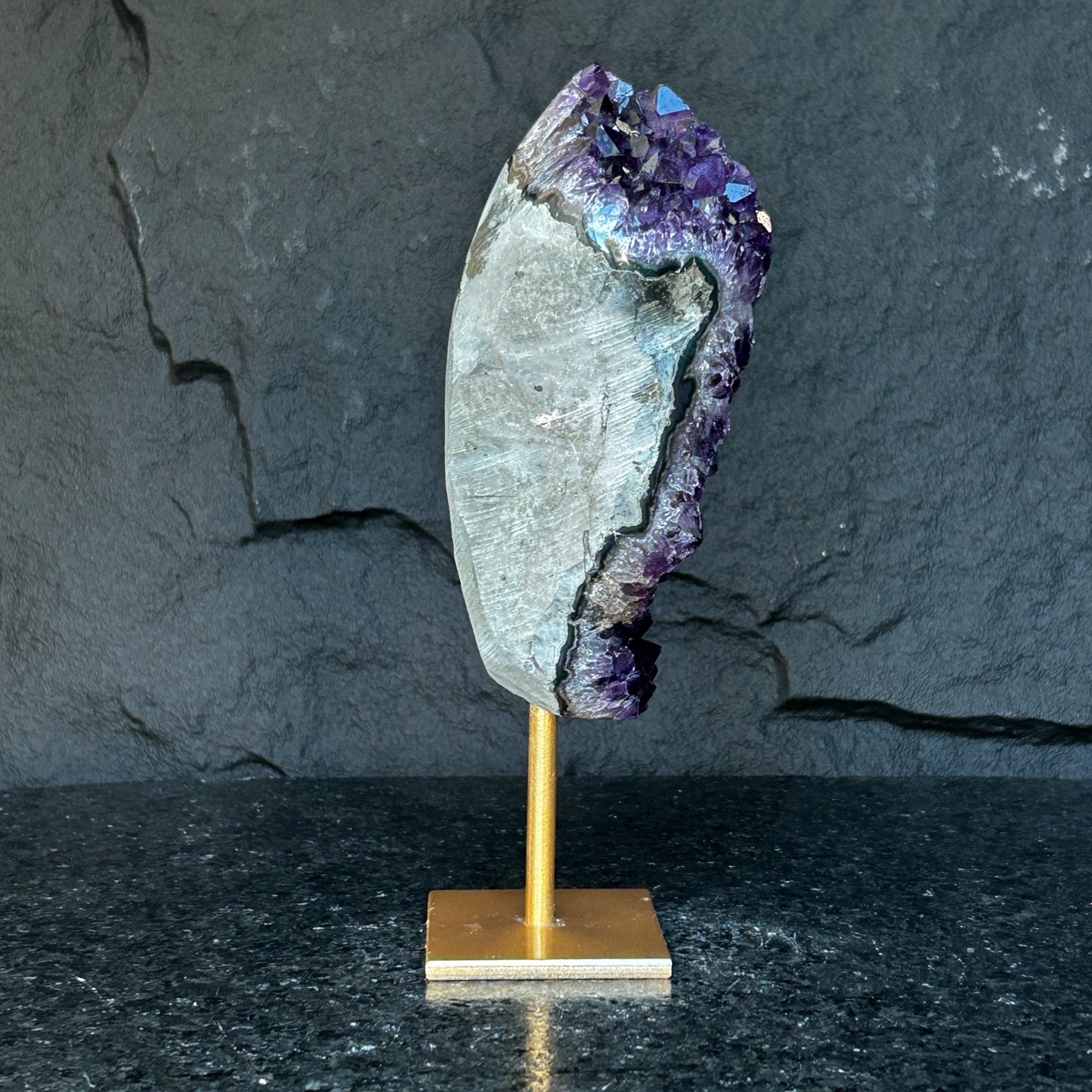 Natural Uruguayan amethyst cave, 6-inch tall, with deep purple crystals on a gold metal stand.