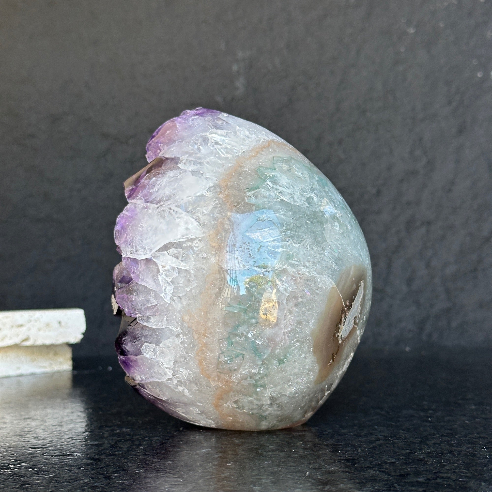 Amethyst Geode Crystal Egg with incredible Agate formations, Natural cave shaped polished agate stone