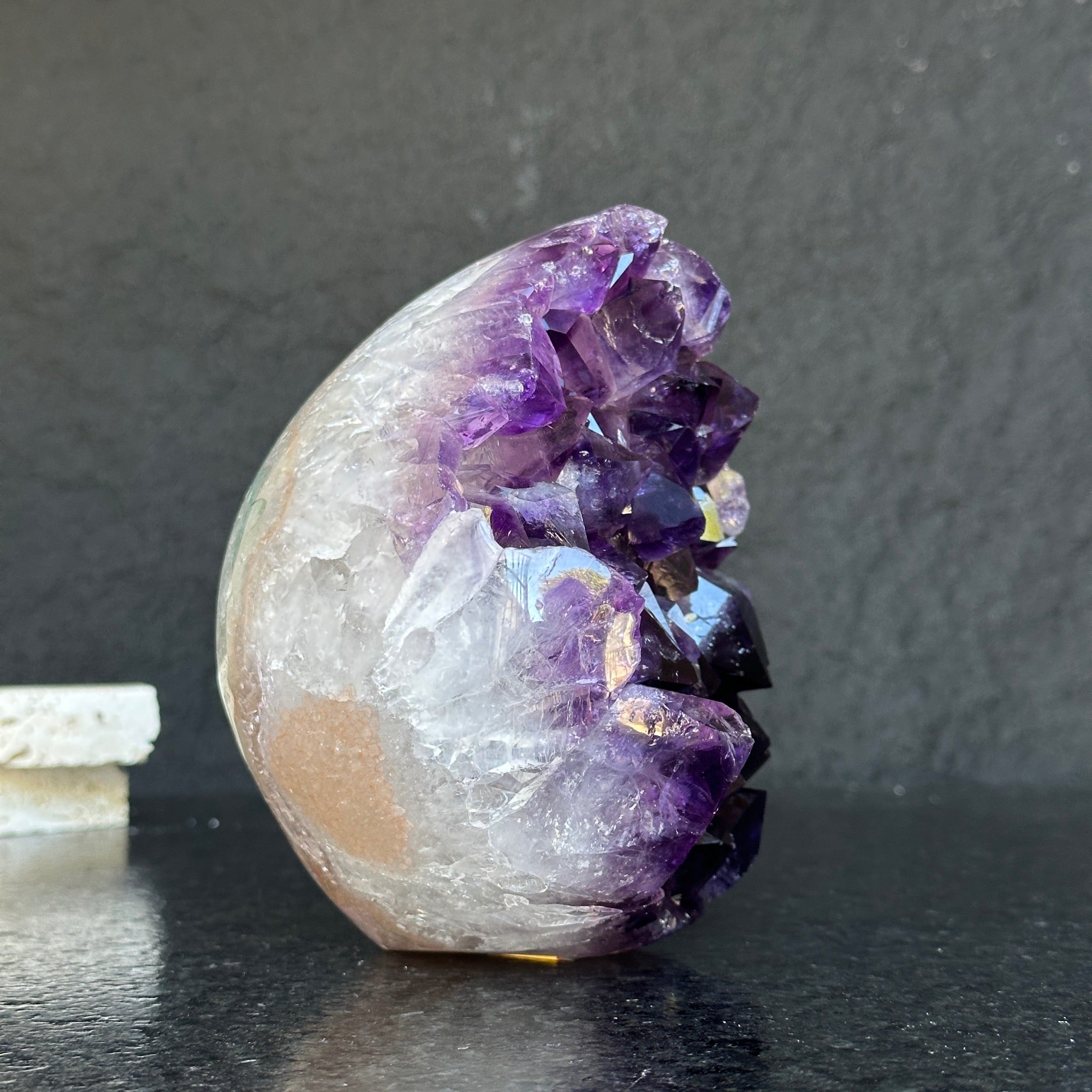 Amethyst Geode Crystal Egg with incredible Agate formations, Natural cave shaped polished agate stone