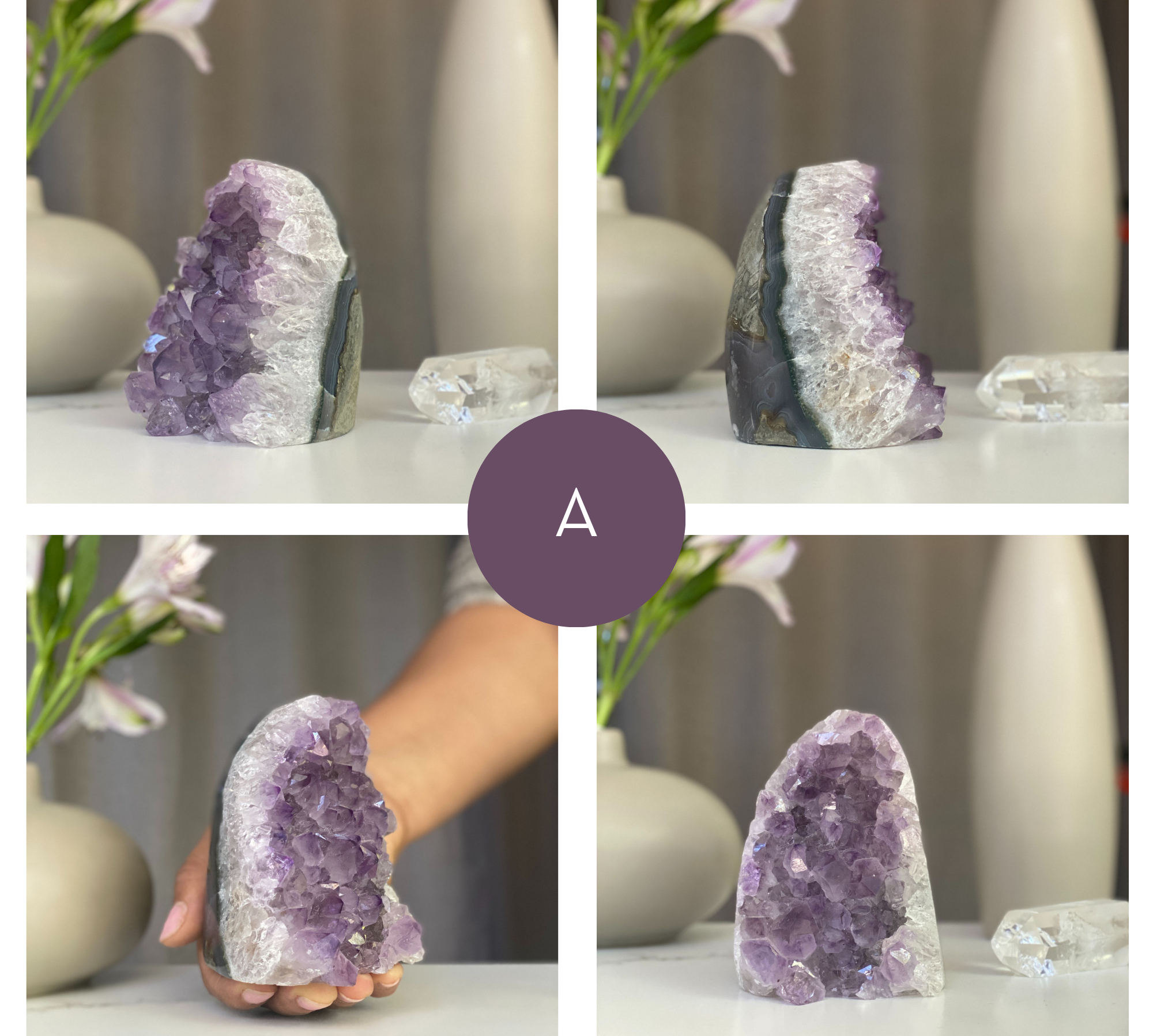 Purple amethyst geode cluster with a cut base, shown from multiple angles.