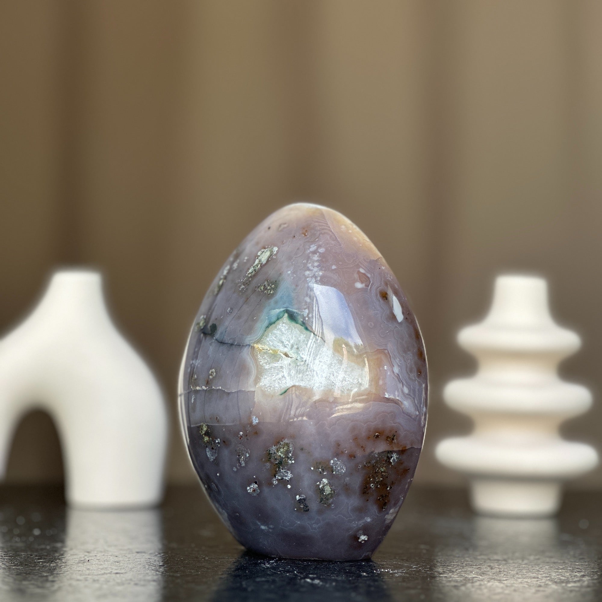 Quartz Crystal Egg, Natural color crystal, decorative collectors unique piece with agate