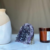 Large vibrant deep purple Uruguayan cathedral amethyst geode cluster with sparkling crystals, 3.5 inches tall.