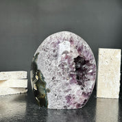 Superb Amethyst Crystal Geode with Agate formations, 7 in tall Extra Large Amethyst Cave, Oval Shaped Stone Polished at edges