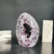 Superb Amethyst Crystal Geode with Agate formations, 7 in tall Extra Large Amethyst Cave, Oval Shaped Stone Polished at edges