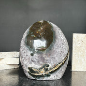 Superb Amethyst Crystal Geode with Agate formations, 7 in tall Extra Large Amethyst Cave, Oval Shaped Stone Polished at edges