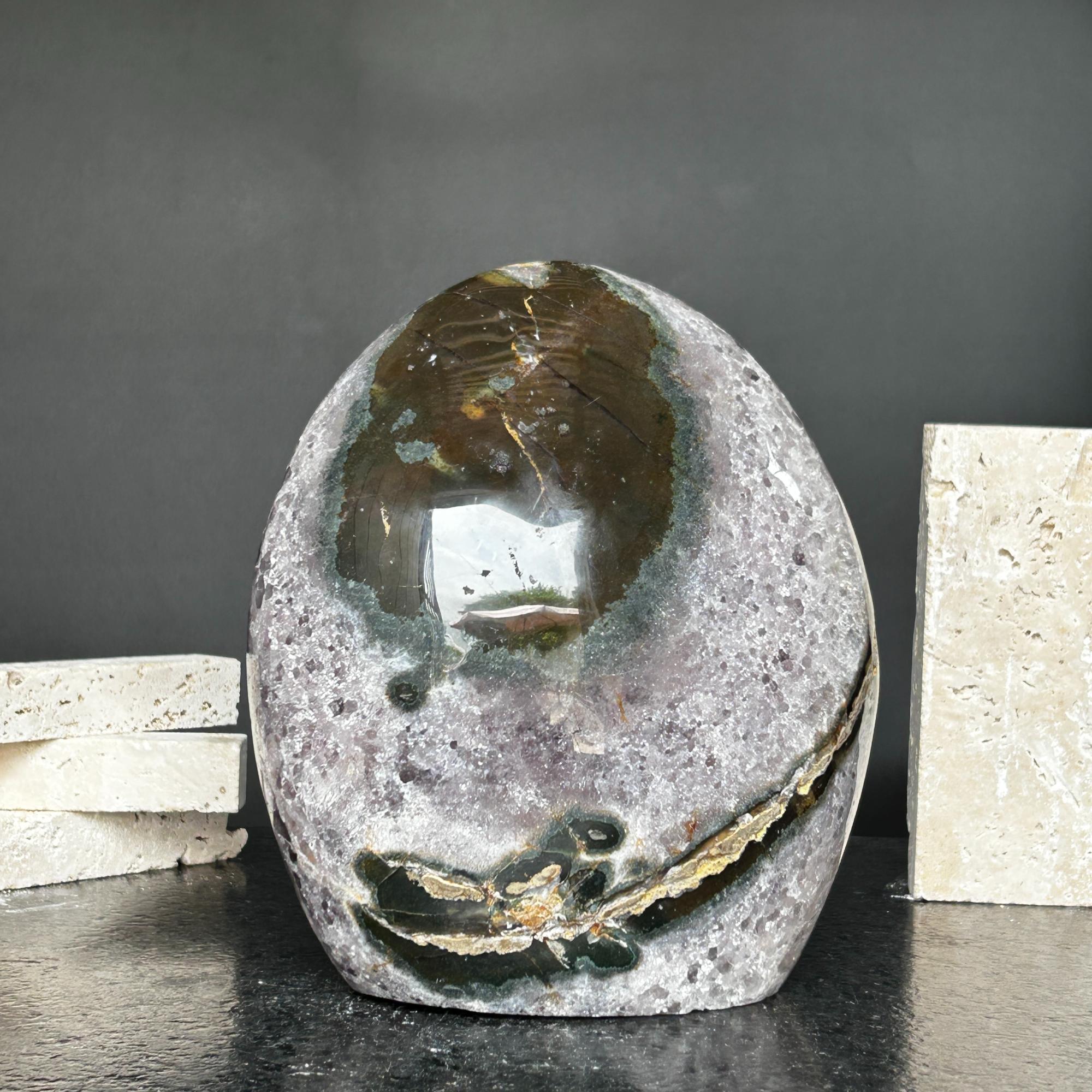 Superb Amethyst Crystal Geode with Agate formations, 7 in tall Extra Large Amethyst Cave, Oval Shaped Stone Polished at edges