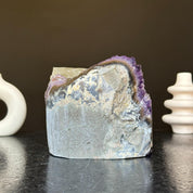 Top grade Uruguayan amethyst geode, 5.5 inches tall, with vibrant deep purple crystals and natural grey rock.