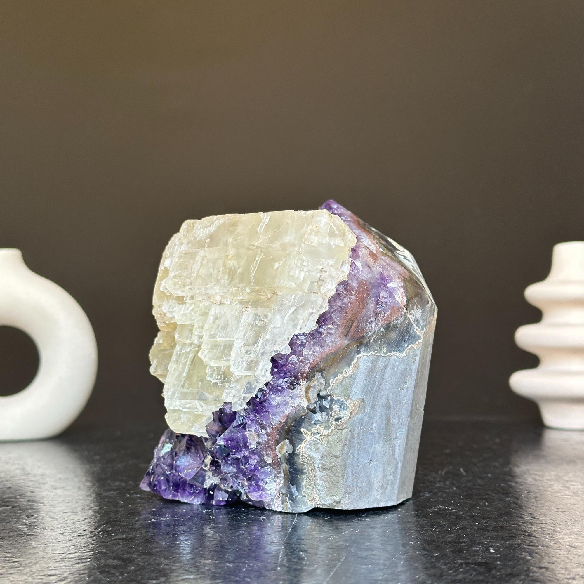 Deep purple Uruguayan amethyst geode with white calcite, 5.5 inches tall.