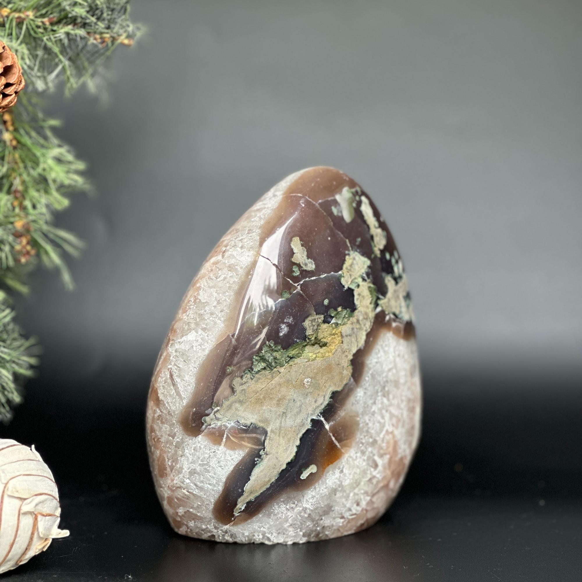 7-inch natural Uruguayan Amethyst and Agate geode cave with vibrant purple crystals and earthy tones.