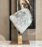 White quartz on stand, Geode with metallic base included for home decoration