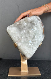 White quartz on stand, Geode with metallic base included for home decoration
