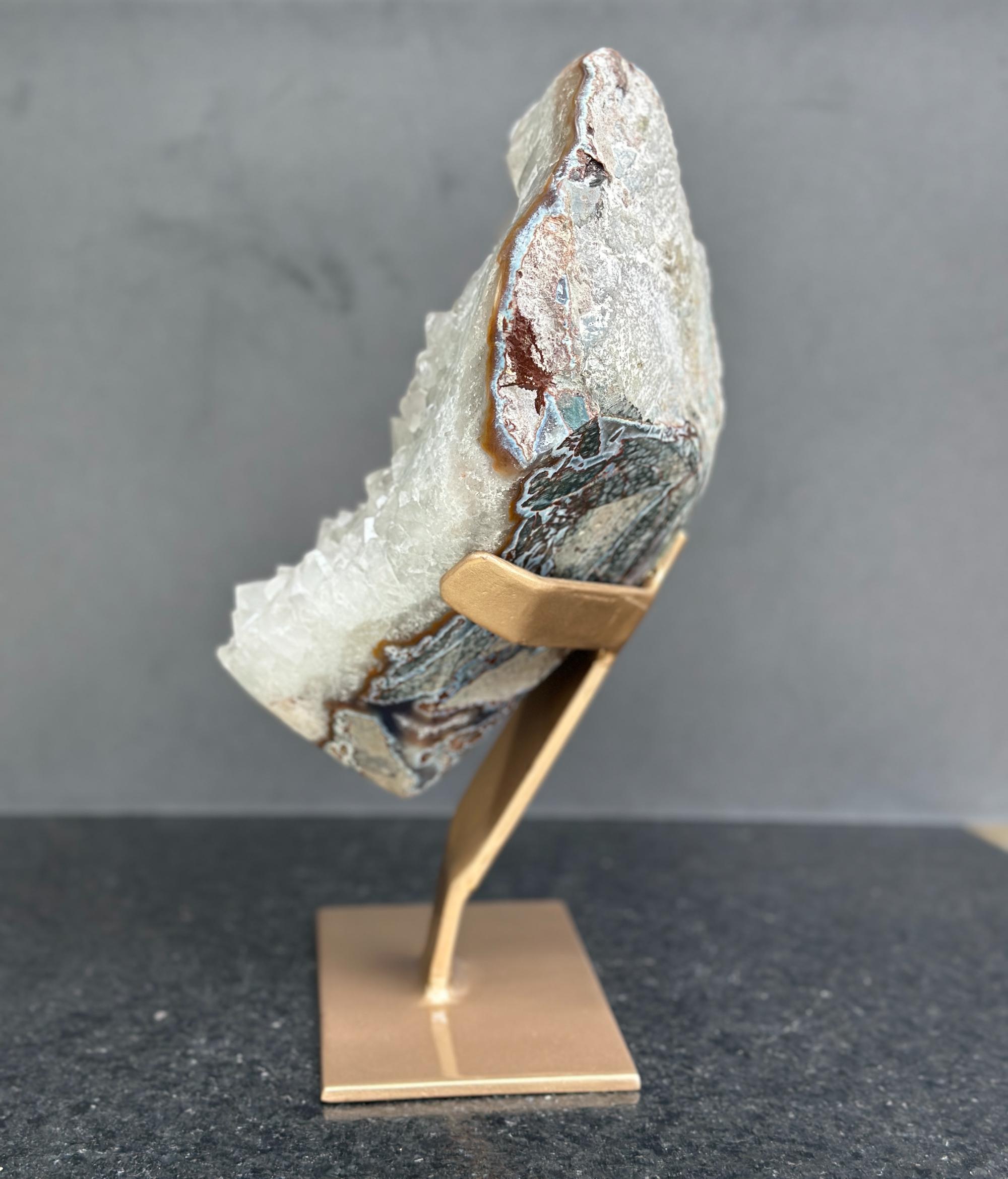 White quartz on stand, Geode with metallic base included for home decoration