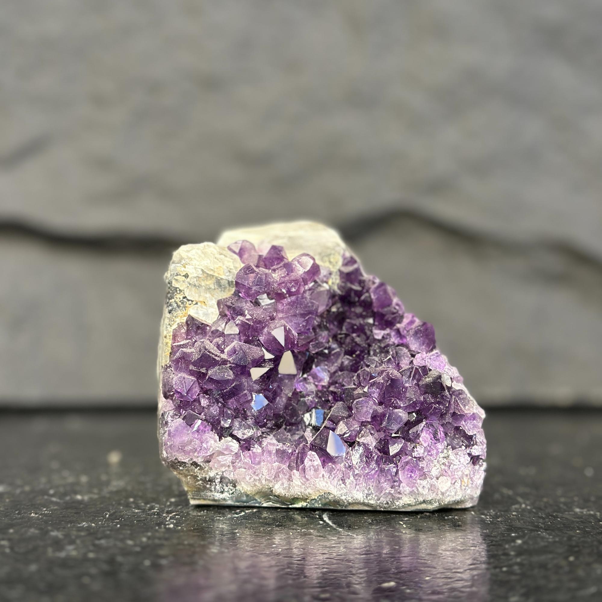 Amethyst crystal cluster on a dark surface with a gray background